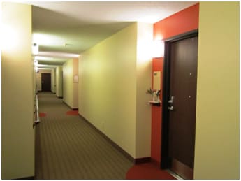 A hallway with a red carpet and a brown door.