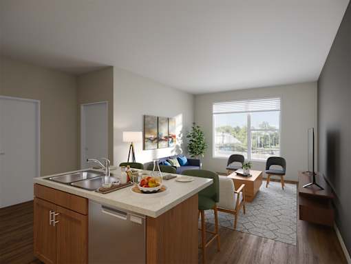 A kitchen with a dining table and chairs.