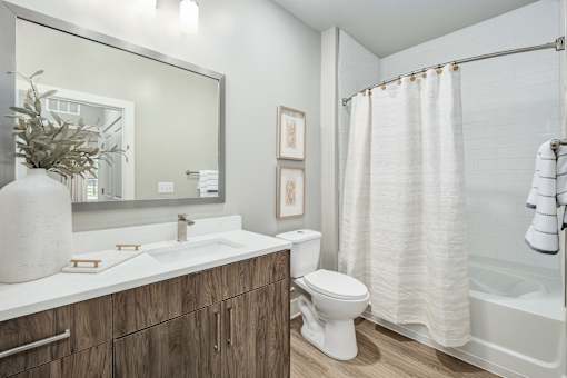 A bathroom with a white sink, toilet, and shower curtain at The Ashton at East Park Apartments, Georgia