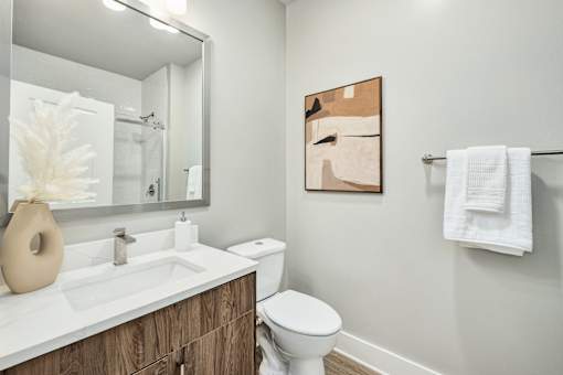 A bathroom with a toilet, sink, mirror, and towel rack at The Ashton at East Park Apartments, Kennesaw