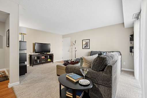 Living room with entertainment center and seating at The Palms Apartments, Charleston
