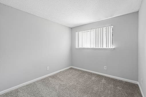 A room with a carpeted floor and a window with blinds.