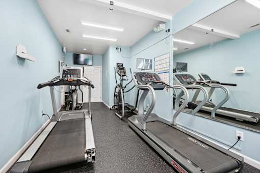 Fitness room with treadmills and elliptical machines at The Palms Apartments, South Carolina