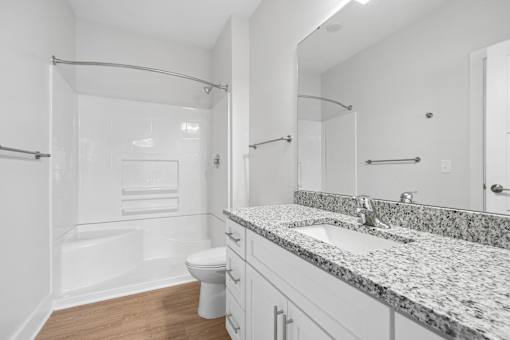 Bathroom with granite vanity and tub shower combo at The Palms Apartments, Charleston, SC