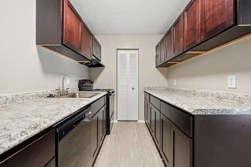 Galley kitchen with dark wood cabinets and granite counters at The Palms Apartments, Charleston