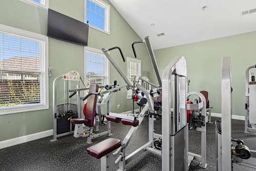 A gym with a green wall and a row of exercise machines. at The Lory of Greenway Village Apartments, Kentucky
