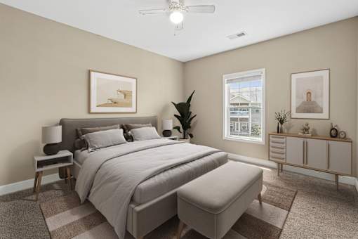 Bedroom with neutral decor and modern furnishings at The Lory of Greenway Village Apartments, Kentucky