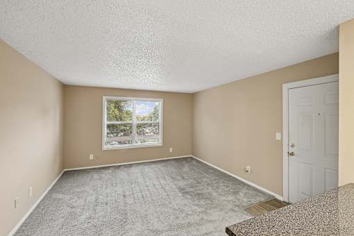 A room with a carpeted floor and a door on the right side.