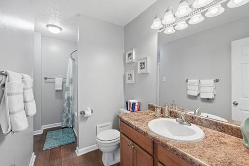 A bathroom with a toilet, sink, and mirror.