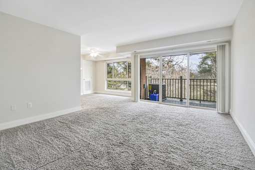 A spacious room with grey carpeting and a sliding glass door leading to a balcony.