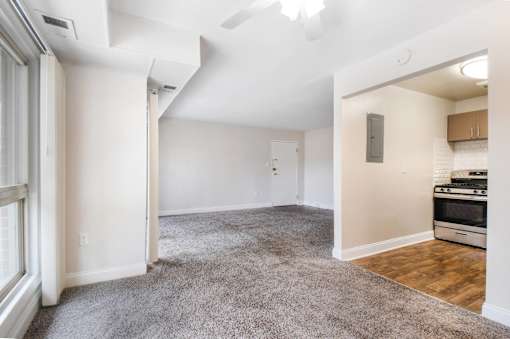 A spacious living room with a grey carpet and a kitchen area with a stove and oven.