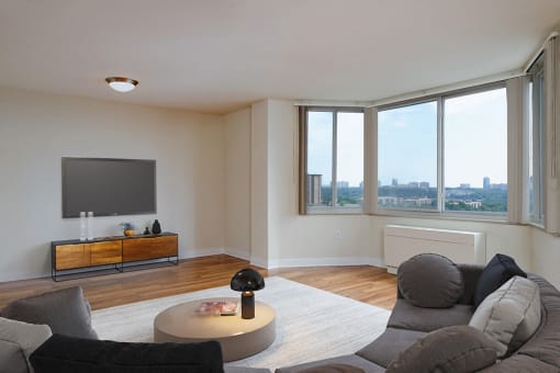 Large living room with city views