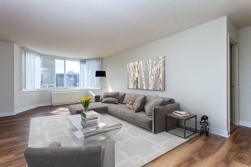 Large living room with city views