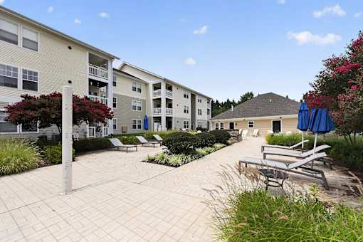 A sunny day at the apartment complex with a clear blue sky.