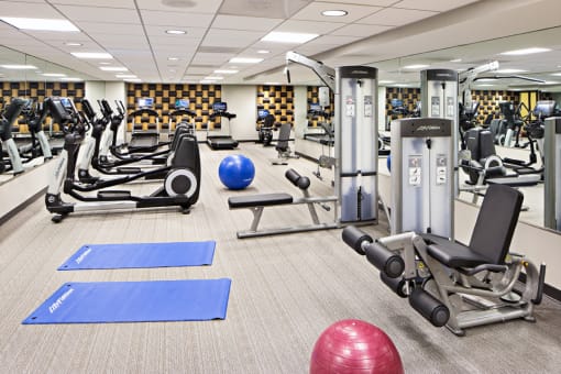 a gym with cardio equipment and weights in the new yorker hotel fitness center