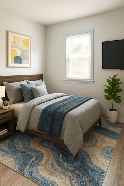 A bedroom with a bed, a plant, and a painting on the wall.