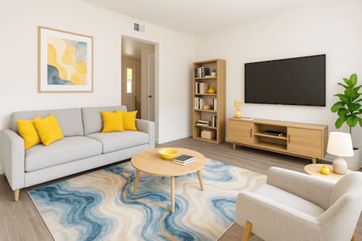 A living room with a grey couch, a wooden coffee table, a white armchair, a blue rug, a wooden bookshelf, a flat screen TV, and a plant.