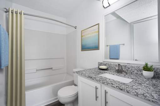 A bathroom with a toilet, sink, and a shower with a curtain.