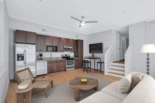 a living room with a couch and a table