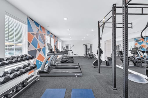 a gym with treadmills and other exercise equipment