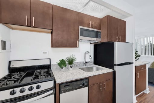 a kitchen with a stove and a sink and a refrigerator