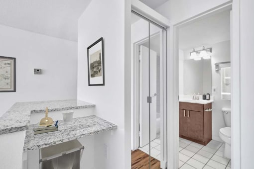 a bathroom with a shower and a sink and a mirror