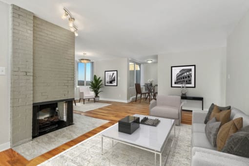 Penthouse living room with fireplace