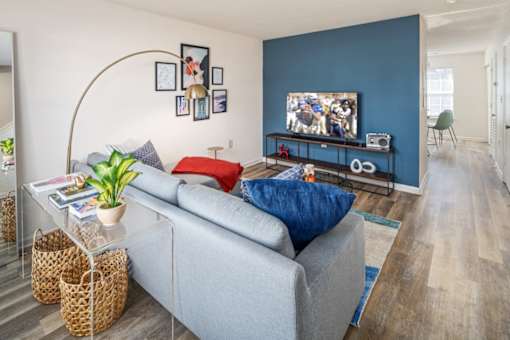 A living room with a grey couch, a glass coffee table, a TV, and a blue wall.