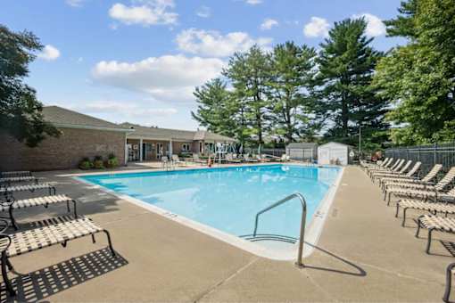 A large outdoor swimming pool surrounded by sun loungers.