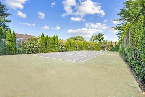 A tennis court surrounded by green trees and hedges.