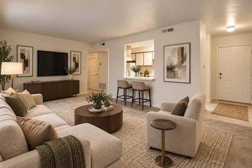 A living room with a couch, a coffee table, and a television.