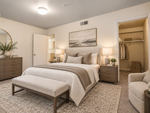 A well-lit bedroom with a large bed, a bench, and a chair.