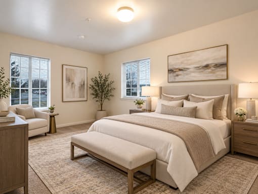 A bedroom with a large bed, a couch, and a painting on the wall.
