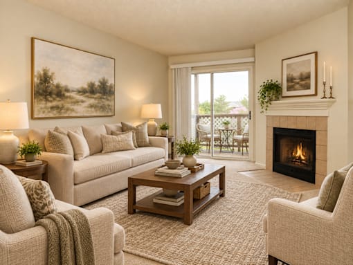 A living room with a fireplace, couch, and painting on the wall.
