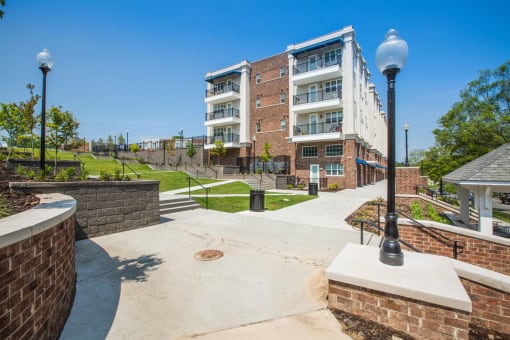 Apartment building exterior and walkway, The Lofts at Southside Apartments