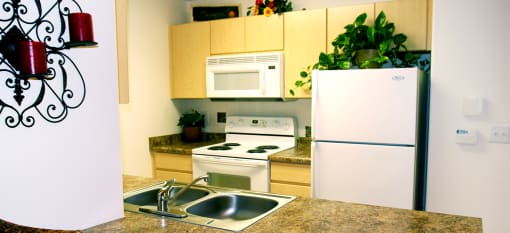 a kitchen with a sink and a refrigerator at Senior Living at Henson Village