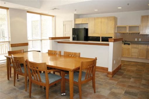 Community room table and kitchenette area, Cahill House Apartments, St. Louis, MO