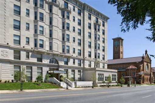 Street view of apartment building-Washington Apartments, St. Louis, MO