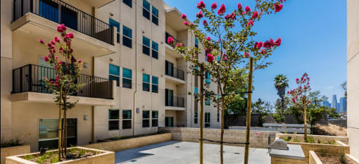 BBQ area at Santa Cecilia Apartments with a patio and flowering trees overlooked by apartment balconies and windows