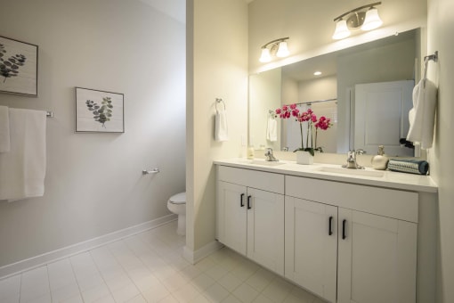 Primary bathroom with double vanity and toilet