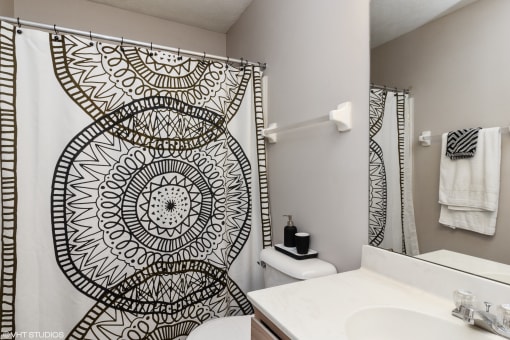 a bathroom with a shower and a sink and a toilet at Brookstone Village, Cincinnati