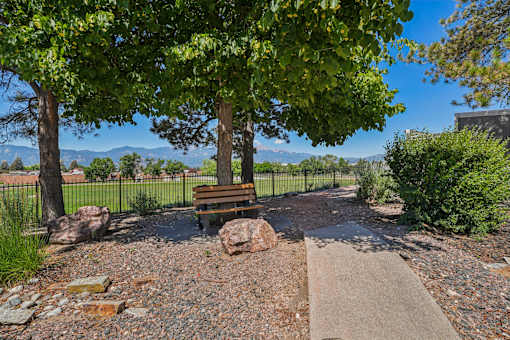 A park with a bench, trees, and a gravel path.