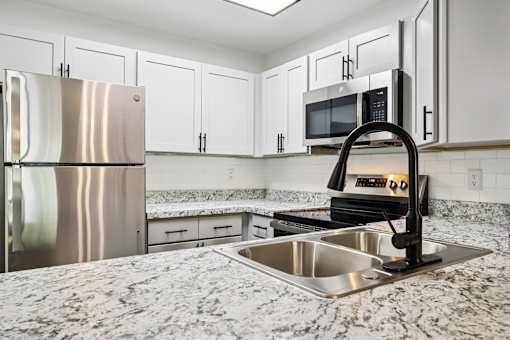 A kitchen with a stainless steel refrigerator, microwave, and a granite countertop. at Lakeside Glen Apartments, Florida
