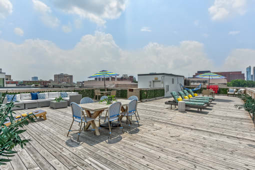 Rooftop deck with seating at The View at Old City, Philadelphia, 19106