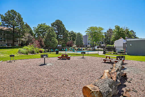 A large log sits in the middle of a gravel area with picnic tables and a playground in the background.