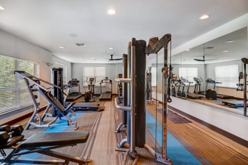 Community gym with cardio equipment and mirrors on the wall