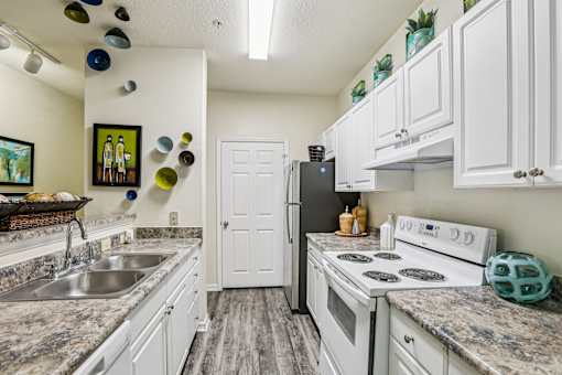 Galley kitchen with white cabinets and granite countertops at The Arbor Walk Apartments, Tampa, Florida