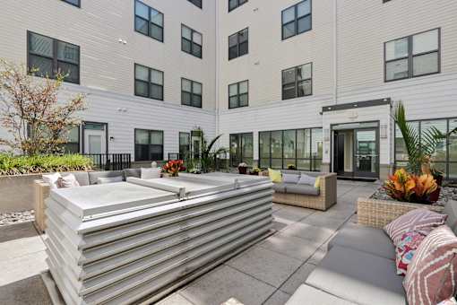 Outdoor patio with couch and cushions at The View at Old City, Philadelphia