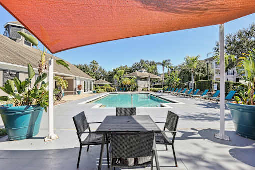 Pool deck with shaded seating and tropical landscaping at The Arbor Walk Apartments, Tampa, FL 33617
