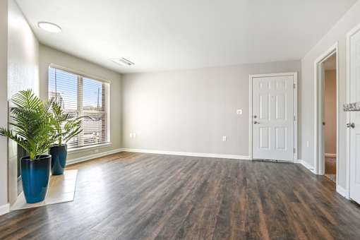an empty living room with a white door and a potted plant at The Glen at Highpoint, Dallas, 75243
